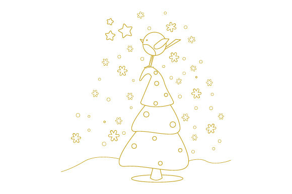 Robin on Christmas Tree Line Art for Holiday Publishing
